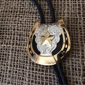 Vintage Solid Brass Texas Star and Horseshoe Bolo